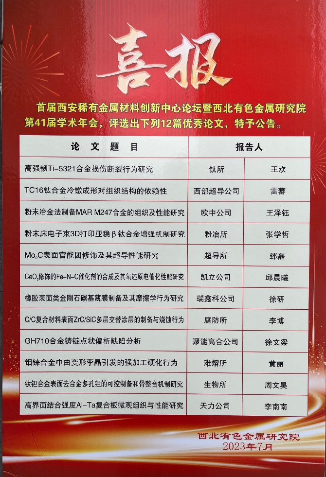喜報(bào)！熱烈祝賀我公司徐研榮獲西北有色金屬研究院第41屆學(xué)術(shù)年會(huì)優(yōu)秀論文